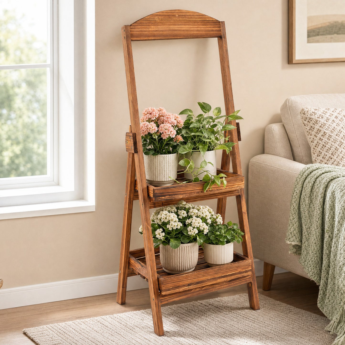 2-Tier Ladder Plant Stand with Fir Wood Frame