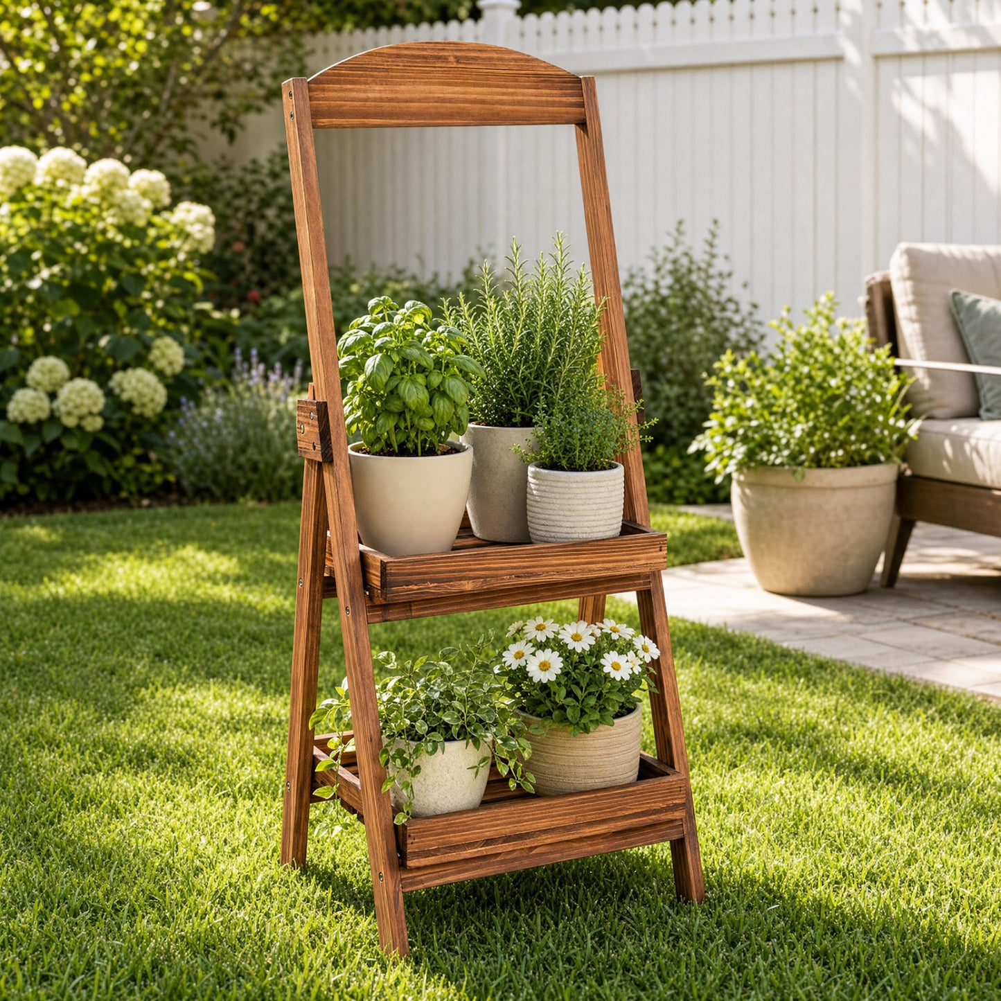 2-Tier Ladder Plant Stand with Fir Wood Frame