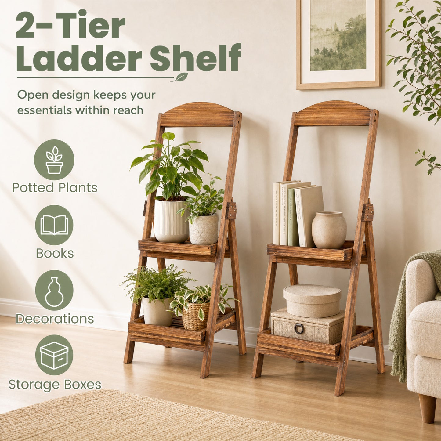 2-Tier Ladder Plant Stand with Fir Wood Frame