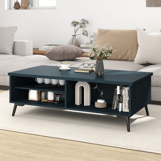 2-Tier Mid Century Modern Coffee Table with Storage Shelves Compartments-Blue