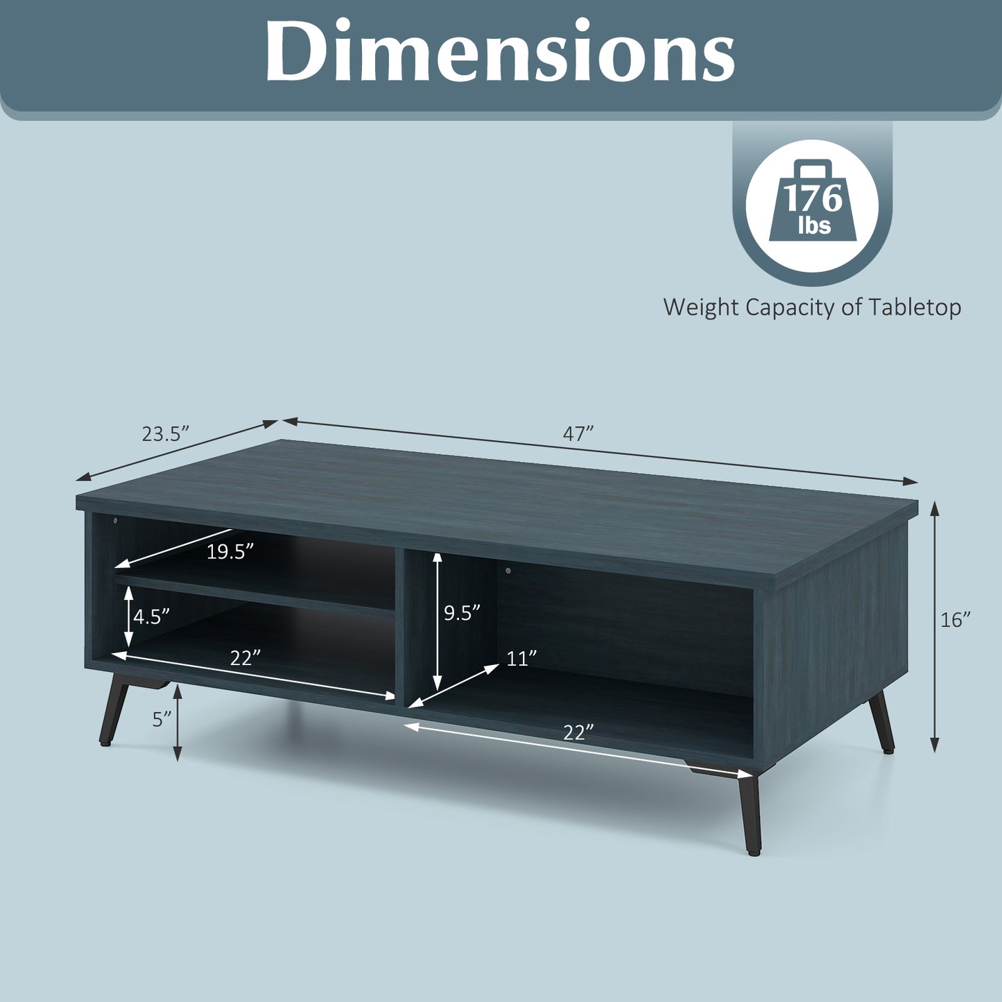 2-Tier Mid Century Modern Coffee Table with Storage Shelves Compartments-Blue