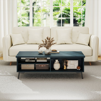 2-Tier Mid Century Modern Coffee Table with Storage Shelves Compartments-Blue