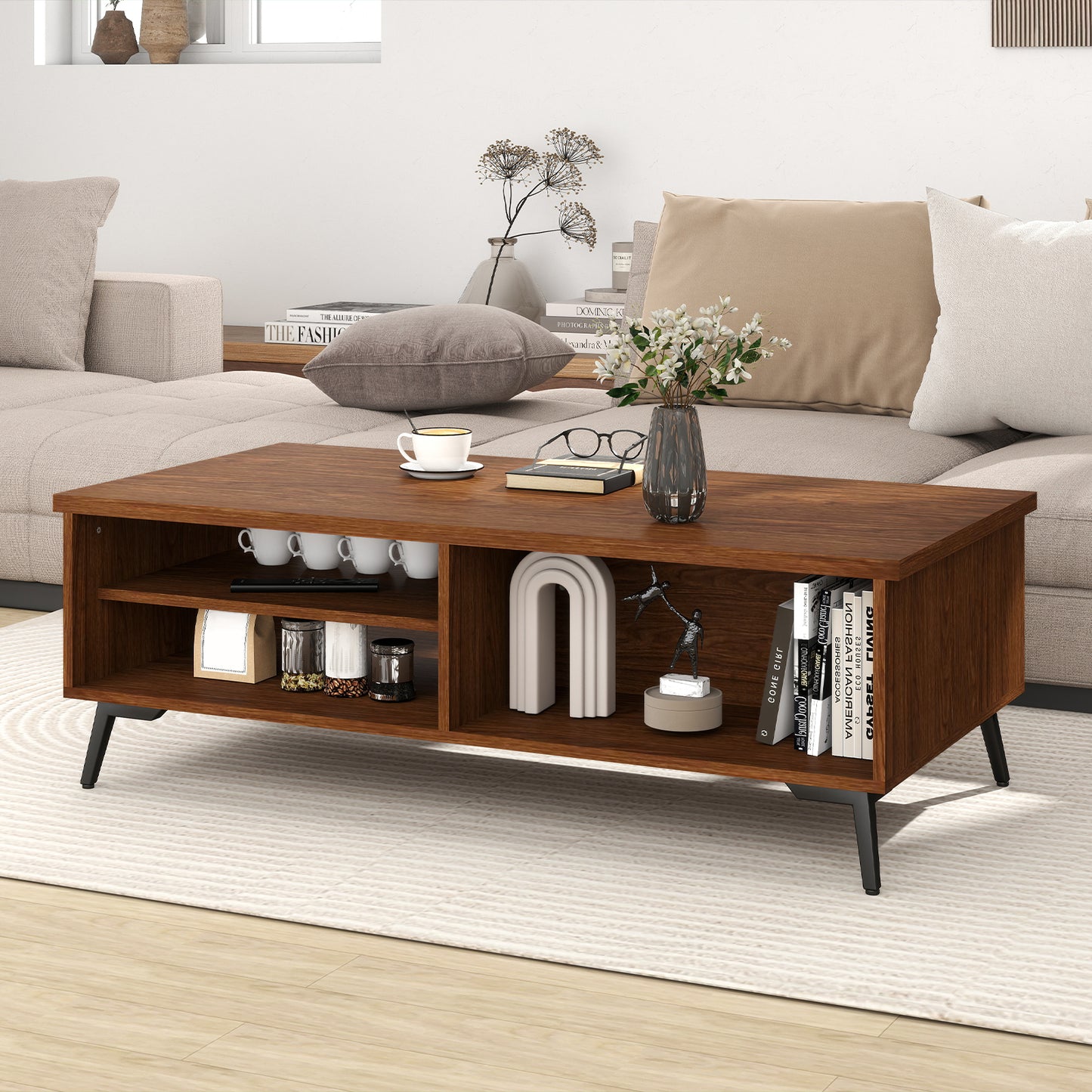 2-Tier Mid Century Modern Coffee Table with Storage Shelves Compartments-Walnut