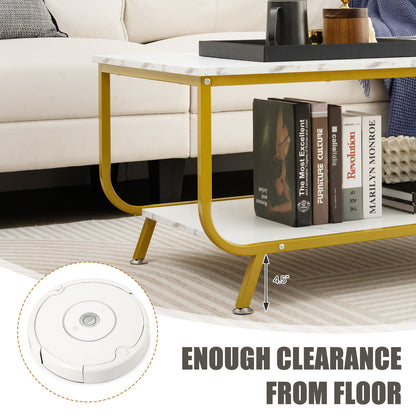 2-Tier Faux Marble Top Rectangular Coffee Table with Metal Frame-White