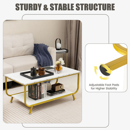 2-Tier Faux Marble Top Rectangular Coffee Table with Metal Frame-White