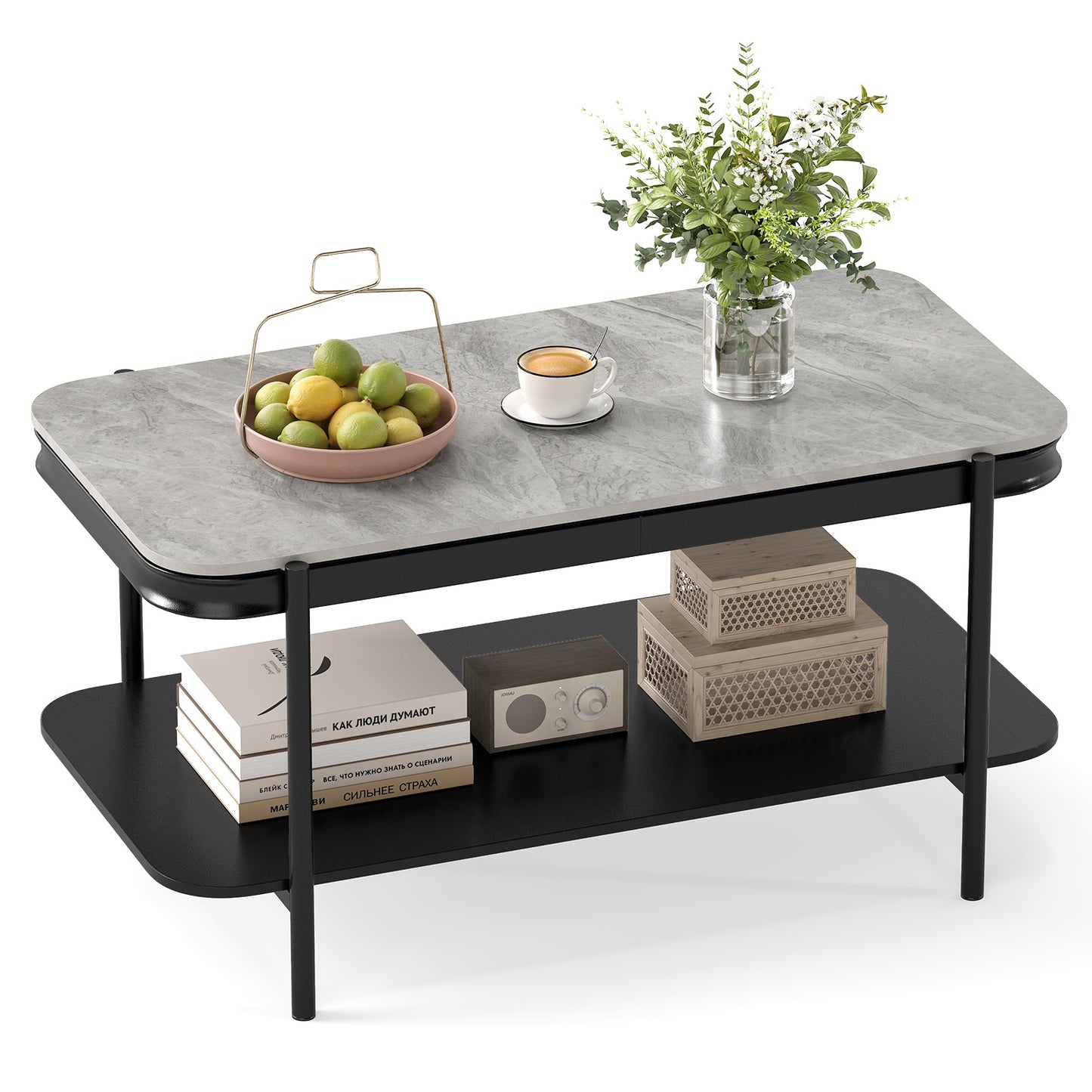 2-Tier Modern Rectangular Coffee Table with Sintered Stone Top-Gray