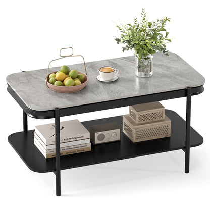 2-Tier Modern Rectangular Coffee Table with Sintered Stone Top-Gray