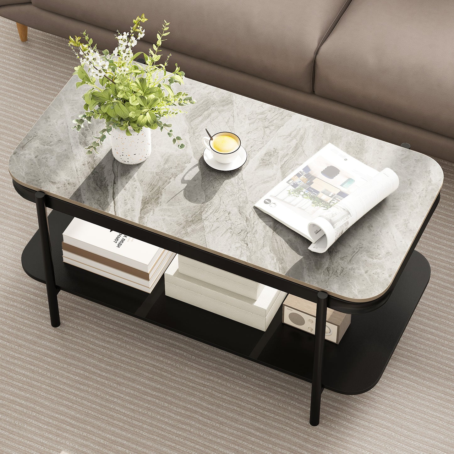 2-Tier Modern Rectangular Coffee Table with Sintered Stone Top-Gray