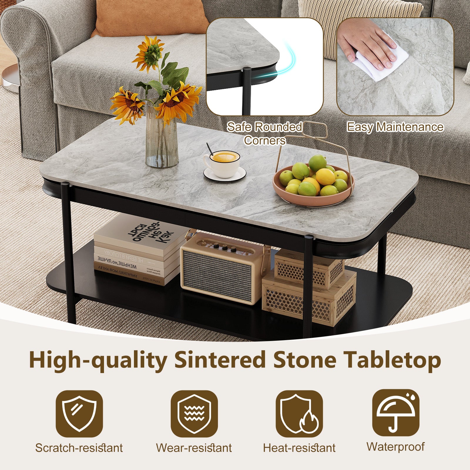 2-Tier Modern Rectangular Coffee Table with Sintered Stone Top-Gray