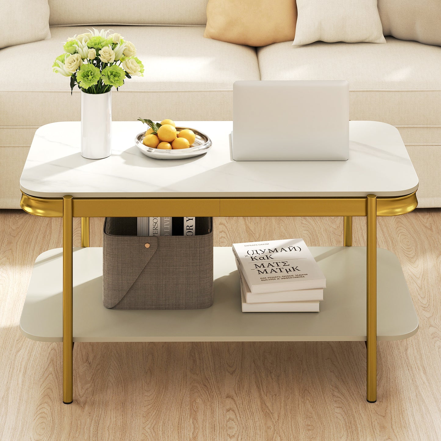 2-Tier Modern Rectangular Coffee Table with Sintered Stone Top-White