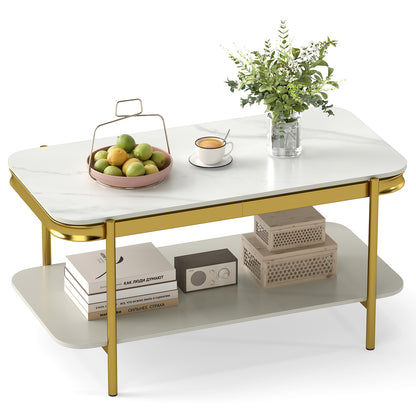 2-Tier Modern Rectangular Coffee Table with Sintered Stone Top-White
