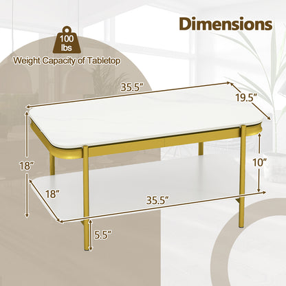 2-Tier Modern Rectangular Coffee Table with Sintered Stone Top-White
