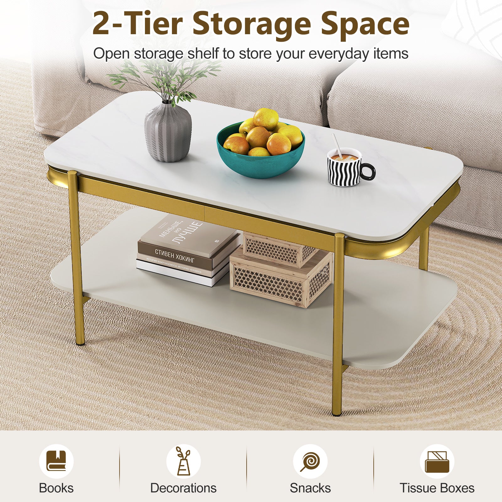 2-Tier Modern Rectangular Coffee Table with Sintered Stone Top-White