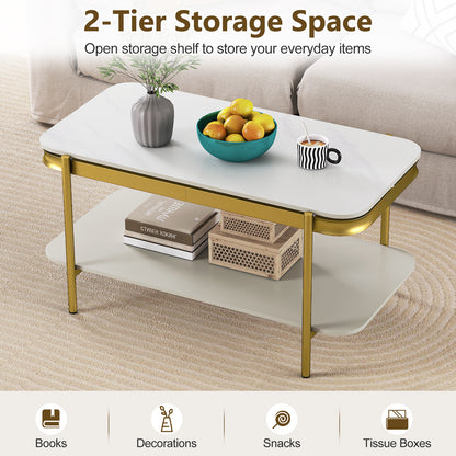 2-Tier Modern Rectangular Coffee Table with Sintered Stone Top-White
