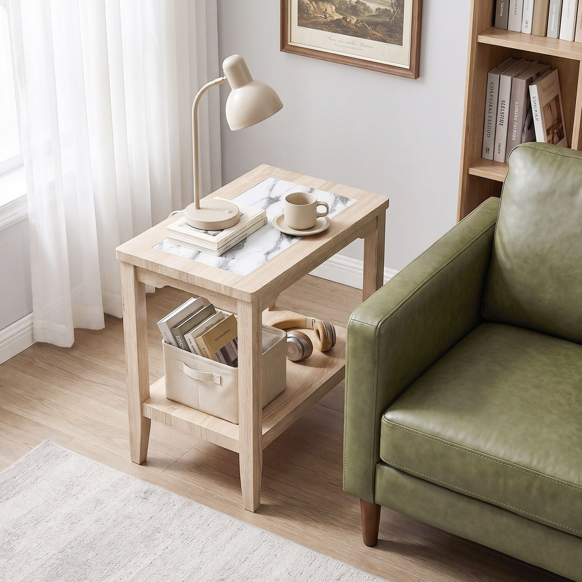 2-Tier Narrow Side Table with Storage Shelf and Tempered Glass Top for Bedside Spaces