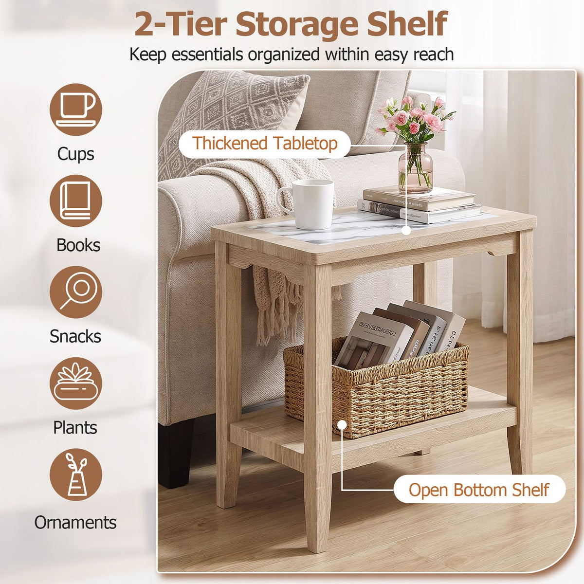 2-Tier Narrow Side Table with Storage Shelf and Tempered Glass Top for Bedside Spaces