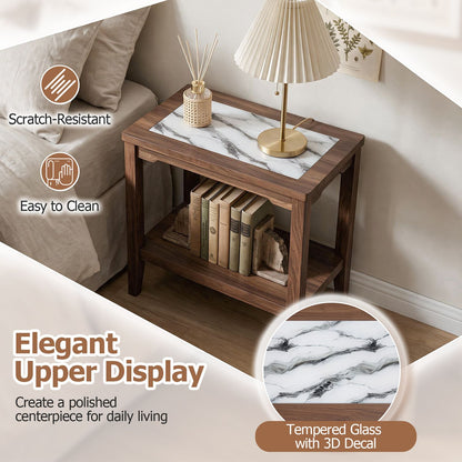 2-Tier Narrow Side Table with Storage Shelf and Tempered Glass Top for Bedside Spaces