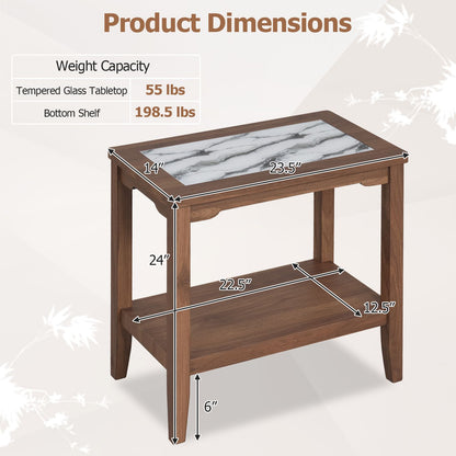 2-Tier Narrow Side Table with Storage Shelf and Tempered Glass Top for Bedside Spaces
