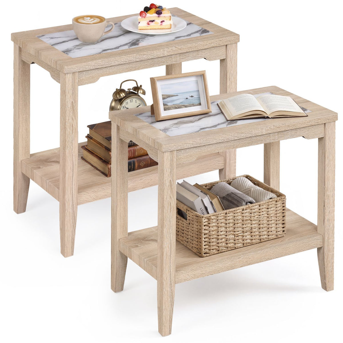 2-Tier Narrow Side Table with Storage Shelf and Tempered Glass Top for Bedside Spaces Set of 2