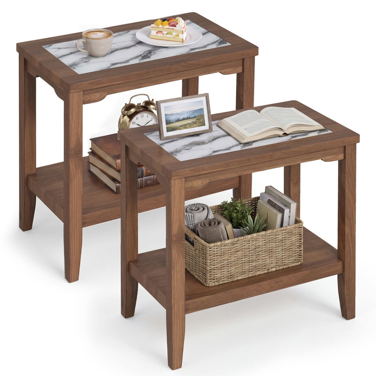 2-Tier Narrow Side Table with Storage Shelf and Tempered Glass Top for Bedside Spaces Set of 2