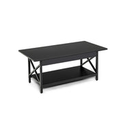 2-Tier Rectangle Coffee Table with Storage Shelf and X-shaped Metal Frame-Black