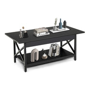 2-Tier Rectangle Coffee Table with Storage Shelf and X-shaped Metal Frame-Black