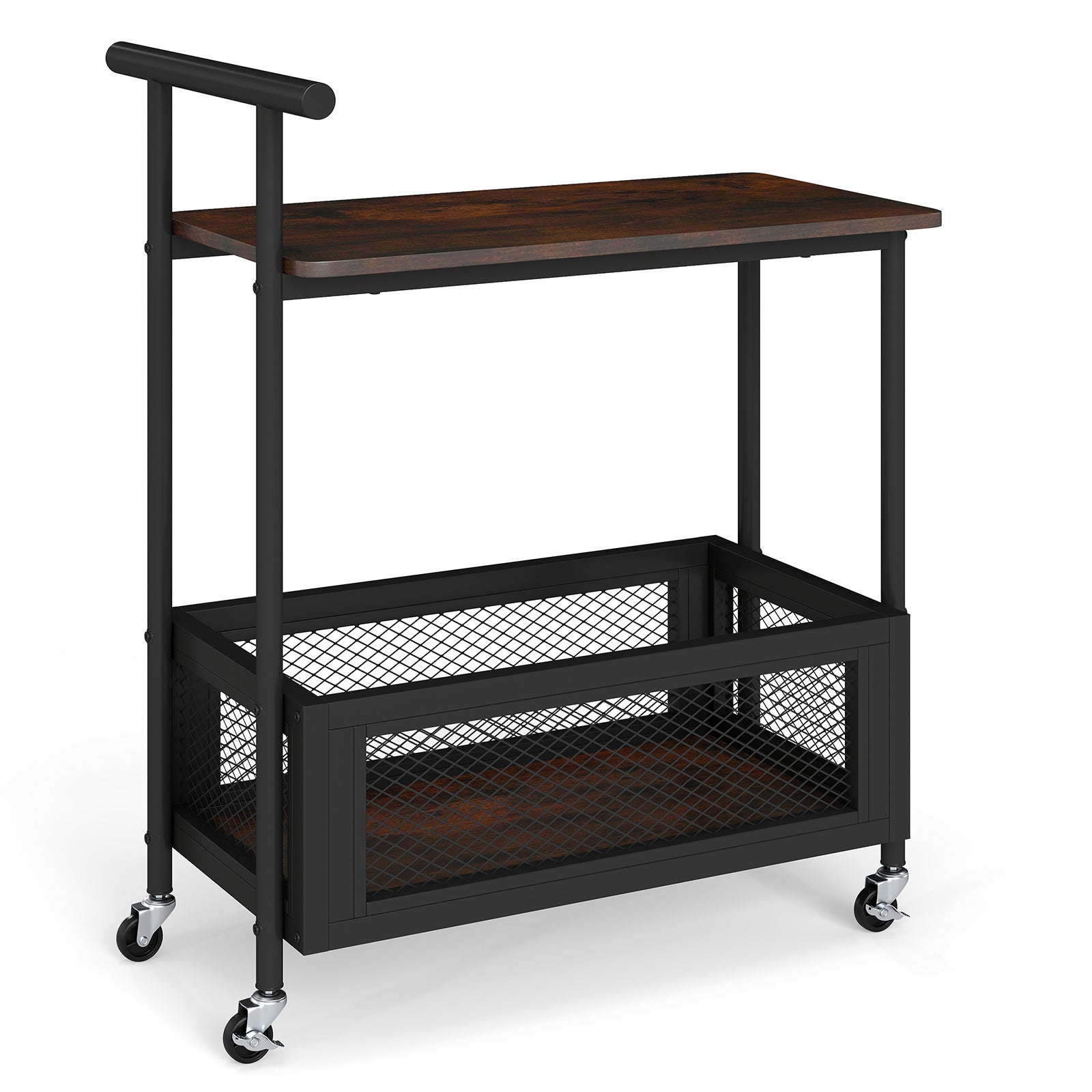 2-Tier Rolling End Table with Handle and Mesh Basket-Rustic Brown