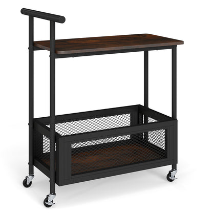 2-Tier Rolling End Table with Handle and Mesh Basket-Rustic Brown