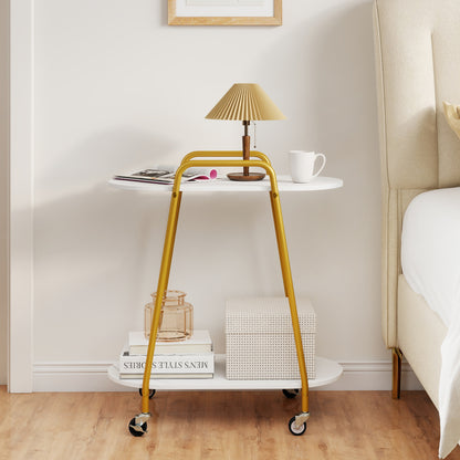 Rolling End Table with Faux Marble Top - 2-Tier Storage
