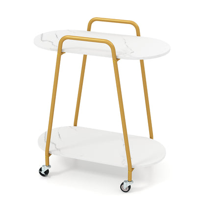 Rolling End Table with Faux Marble Top - 2-Tier Storage