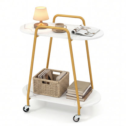 Rolling End Table with Faux Marble Top - 2-Tier Storage