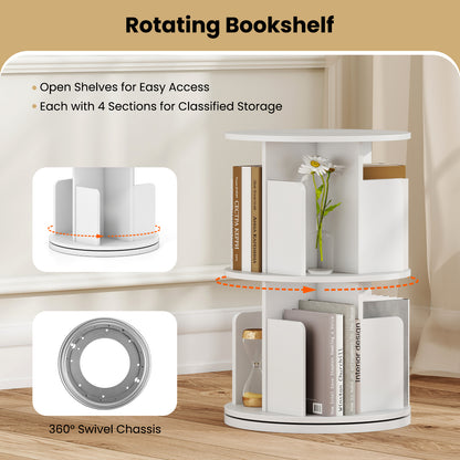 2-Tier Rotating Bookshelf with Dividers and Anti-falling Baffles-White