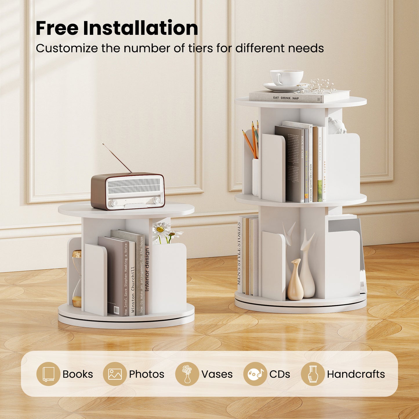 2-Tier Rotating Bookshelf with Dividers and Anti-falling Baffles-White