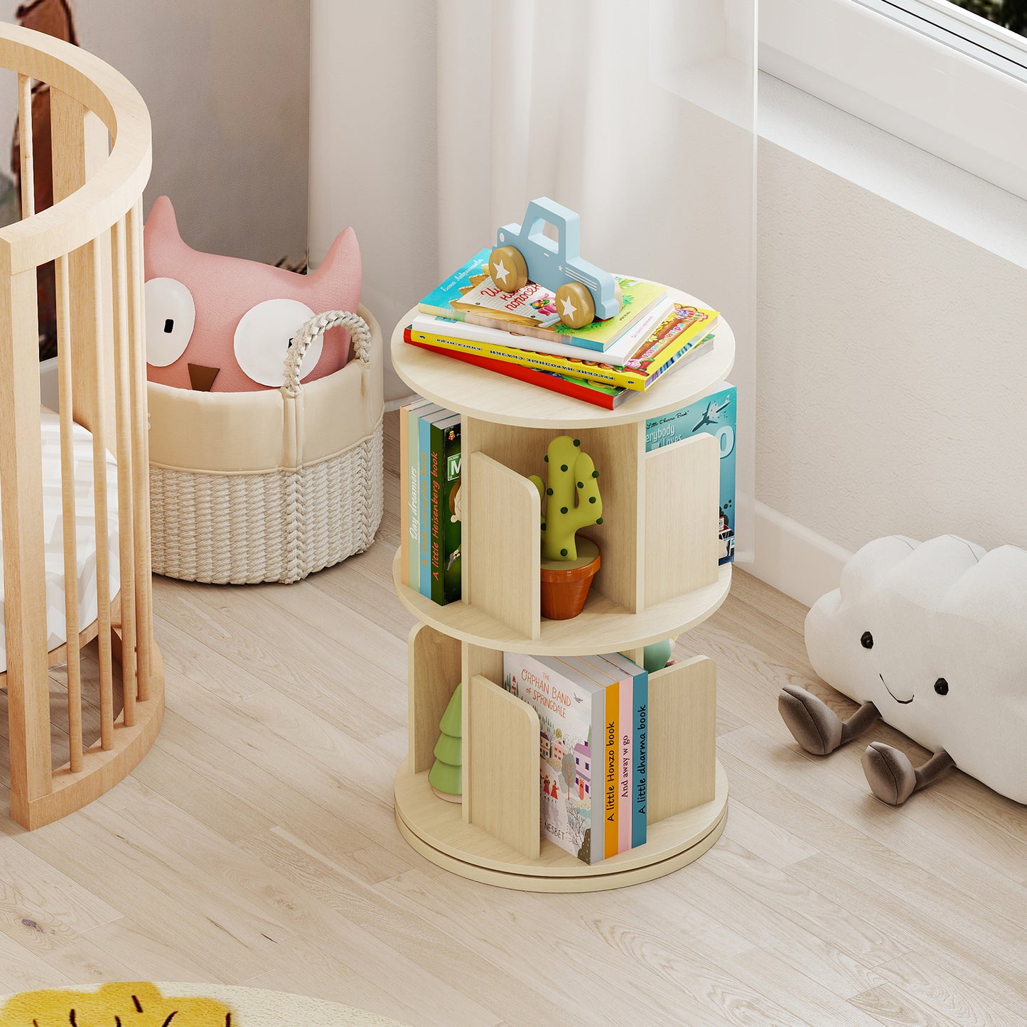 2-Tier Rotating Bookshelf with Dividers and Anti-falling Baffles-Natural