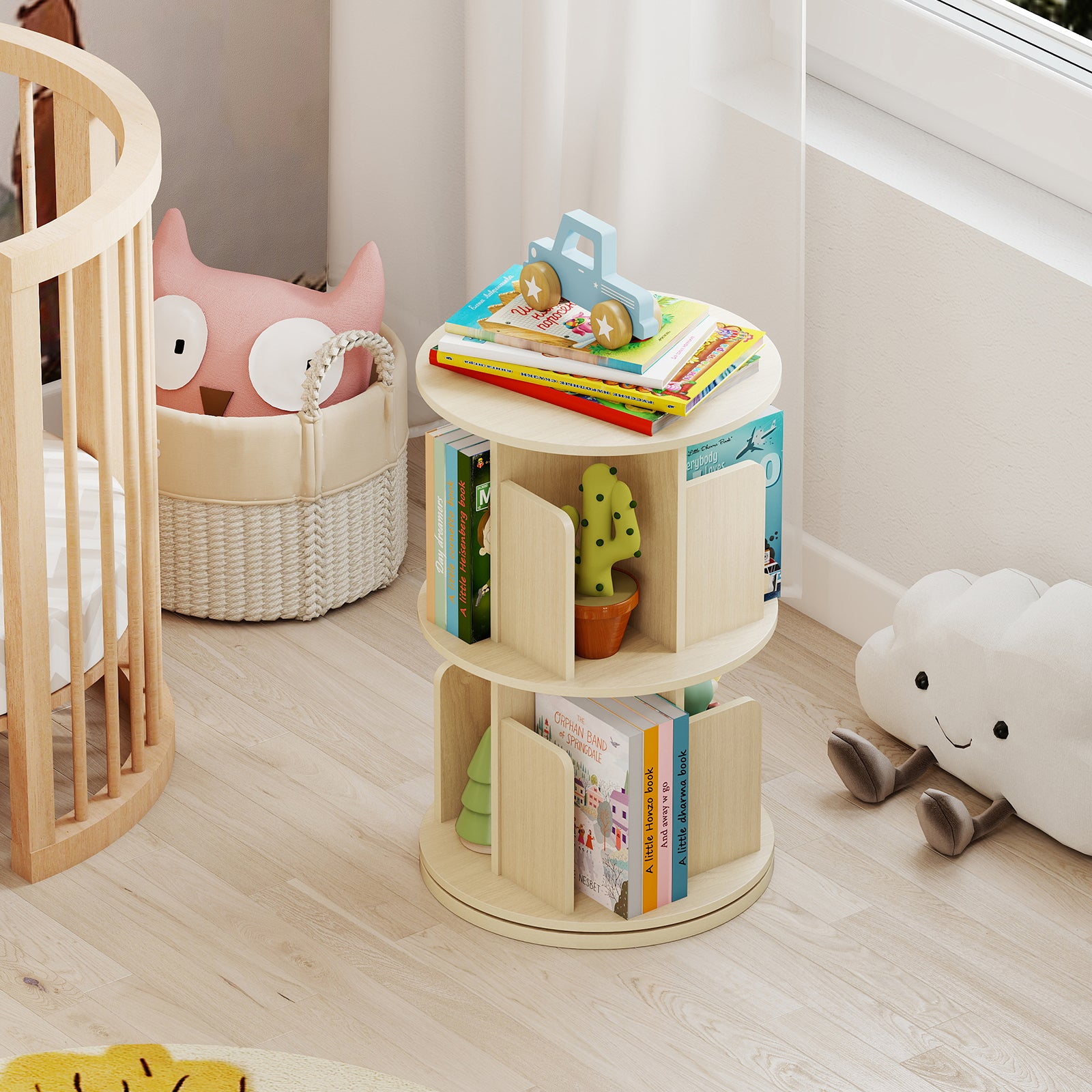 2-Tier Rotating Bookshelf with Dividers and Anti-falling Baffles-Natural