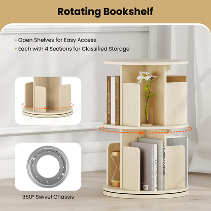 2-Tier Rotating Bookshelf with Dividers and Anti-falling Baffles-Natural