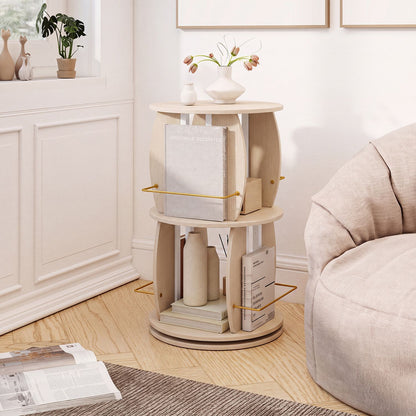 2-Tier Rotating Bookshelf Tower with Display Stands and Side Rails-Oak