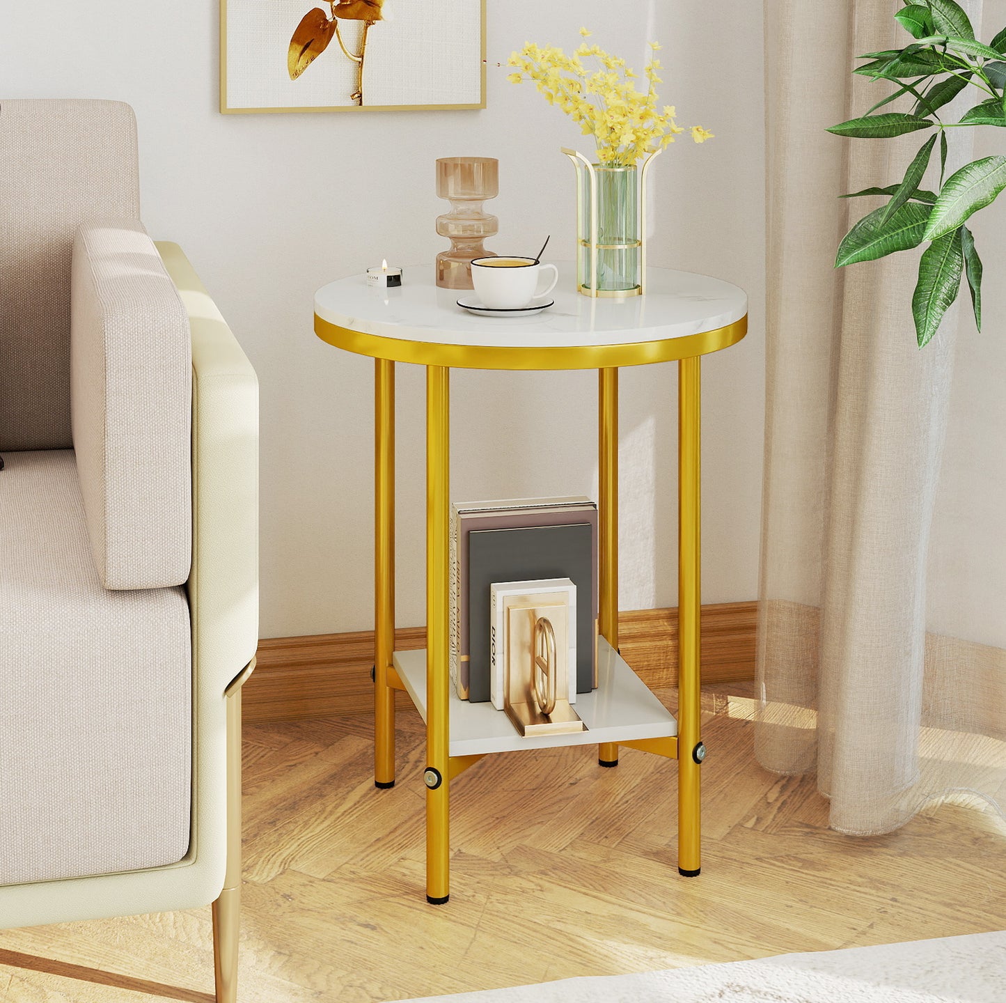 2-Tier Round Coffee Table with Storage Shelf-1