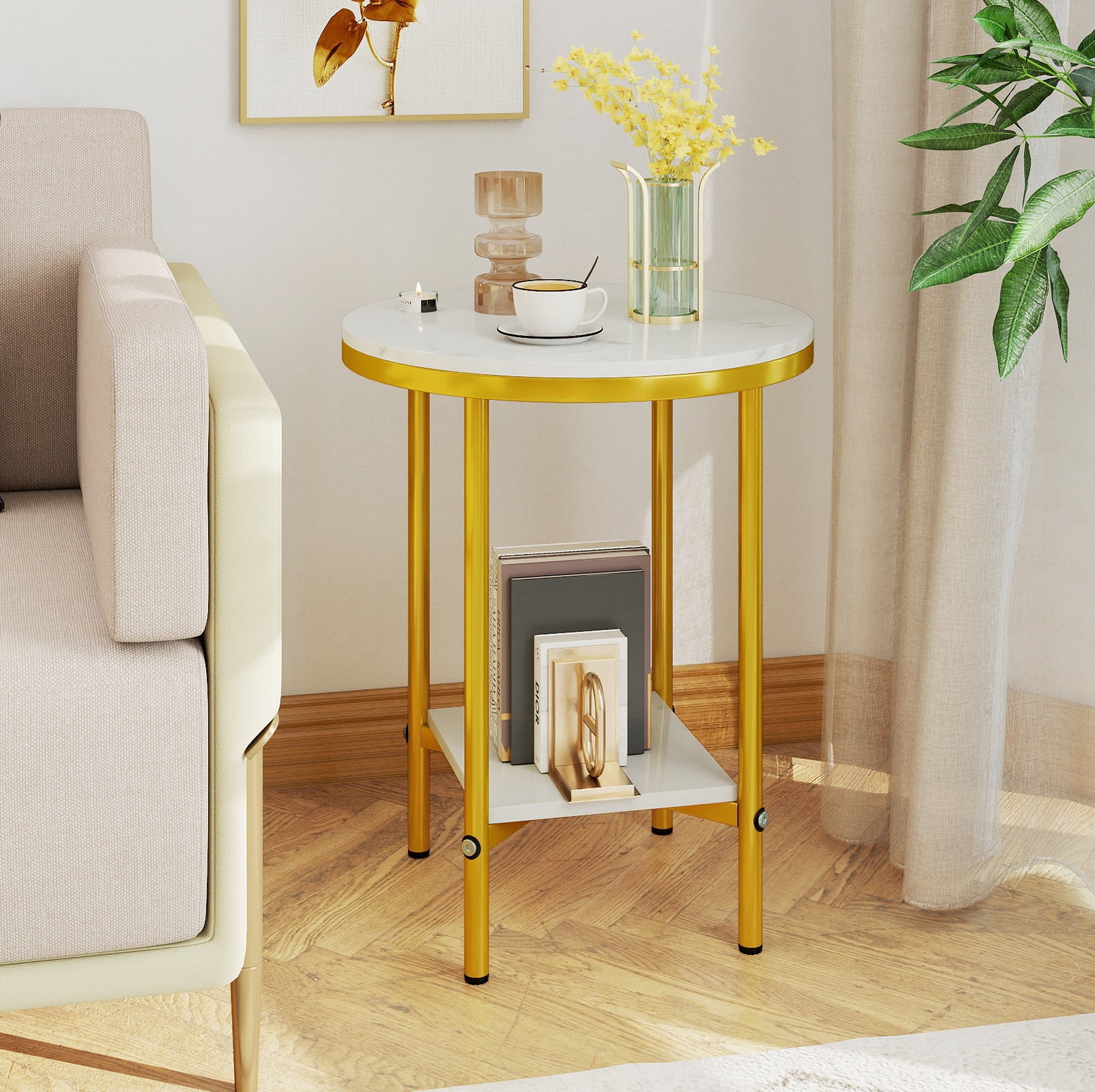 2-Tier Round Coffee Table with Storage Shelf-1