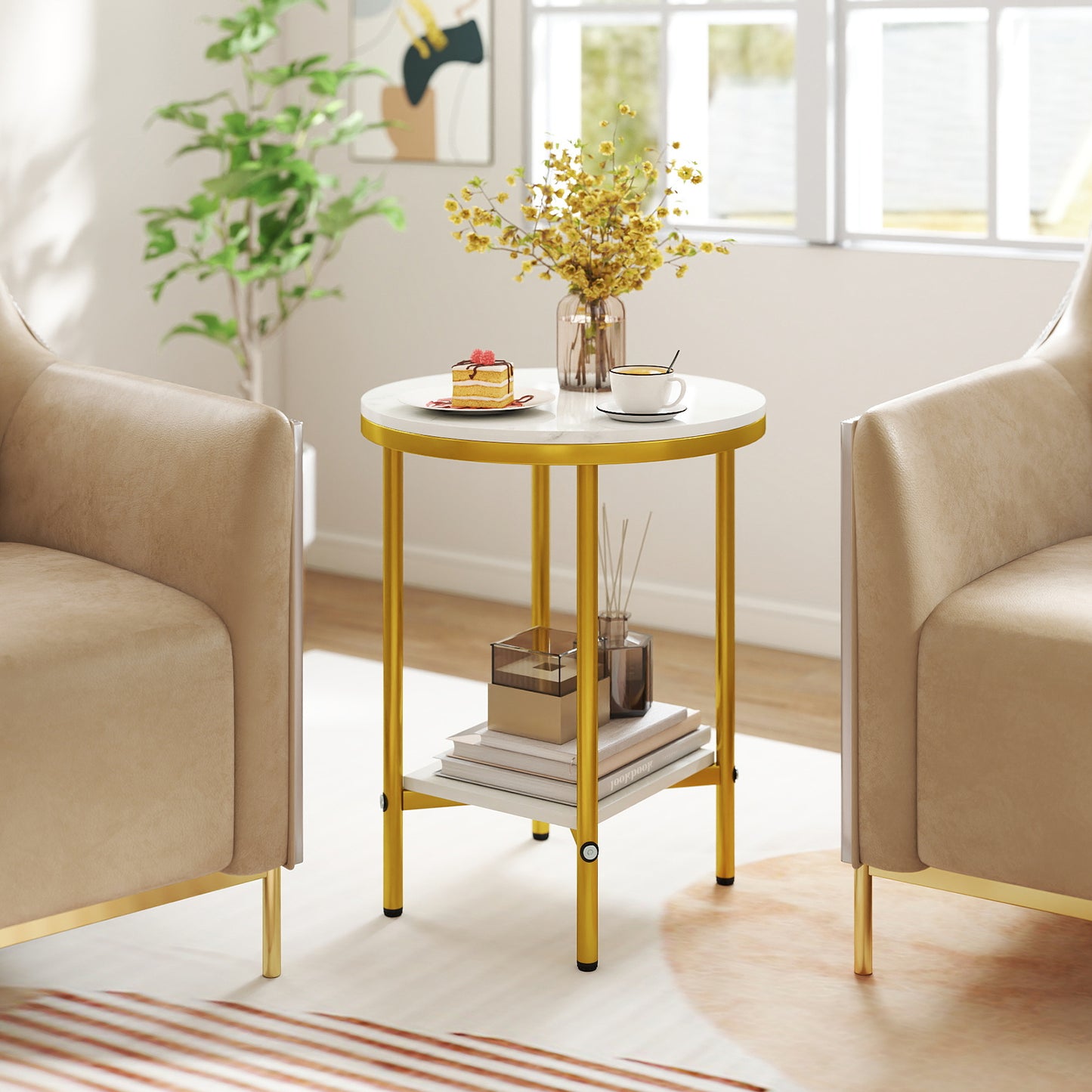 2-Tier Round Coffee Table with Storage Shelf-2