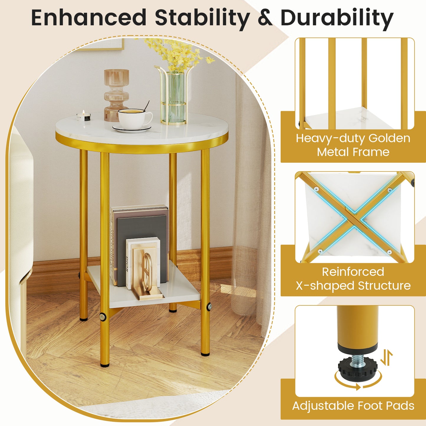 2-Tier Round Coffee Table with Storage Shelf-2