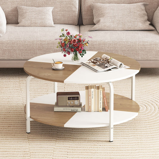 2-Tier Round Coffee Table Metal Frame with Storage Shelf-Natural & White