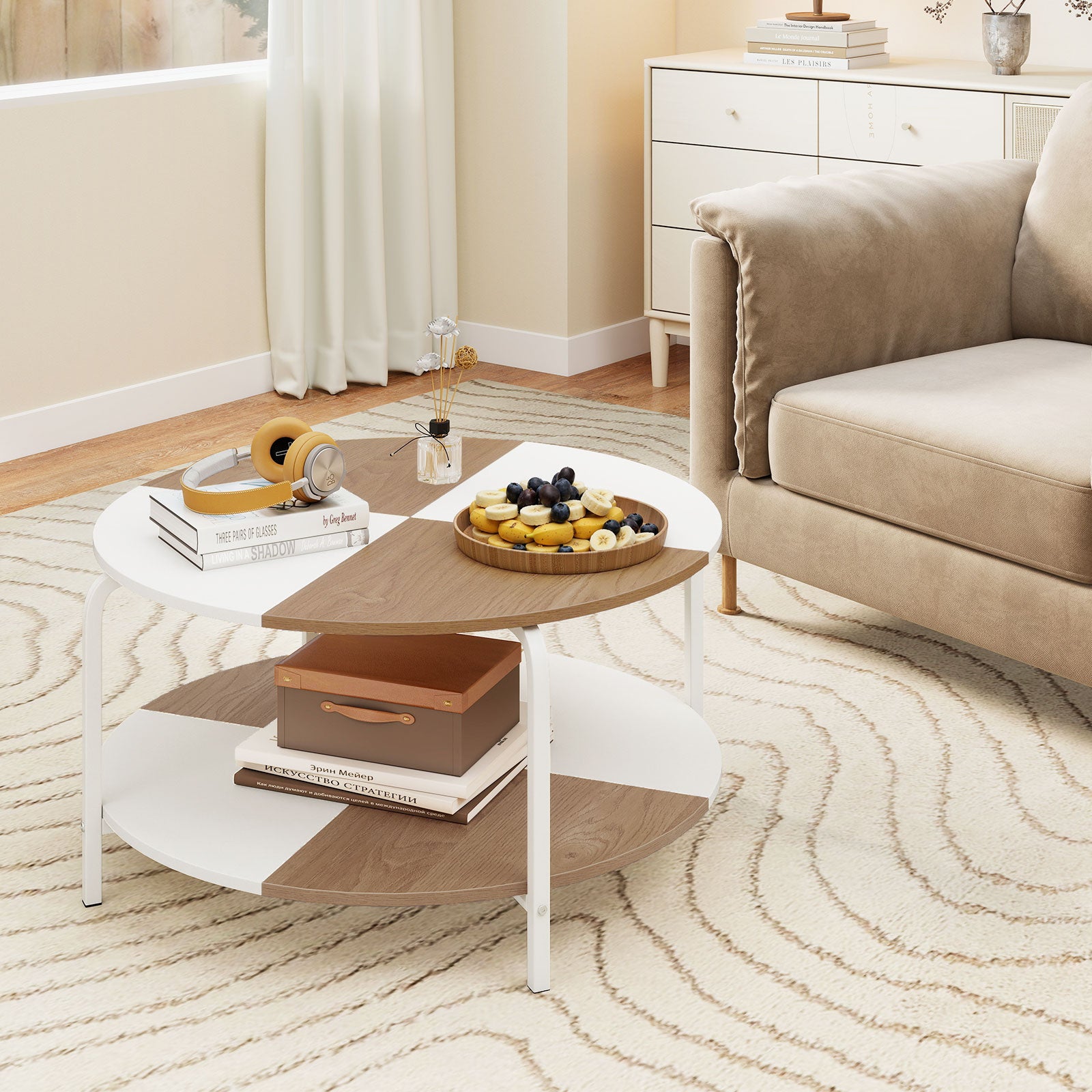 2-Tier Round Coffee Table Metal Frame with Storage Shelf-Natural & White