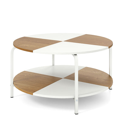 2-Tier Round Coffee Table Metal Frame with Storage Shelf-Natural & White