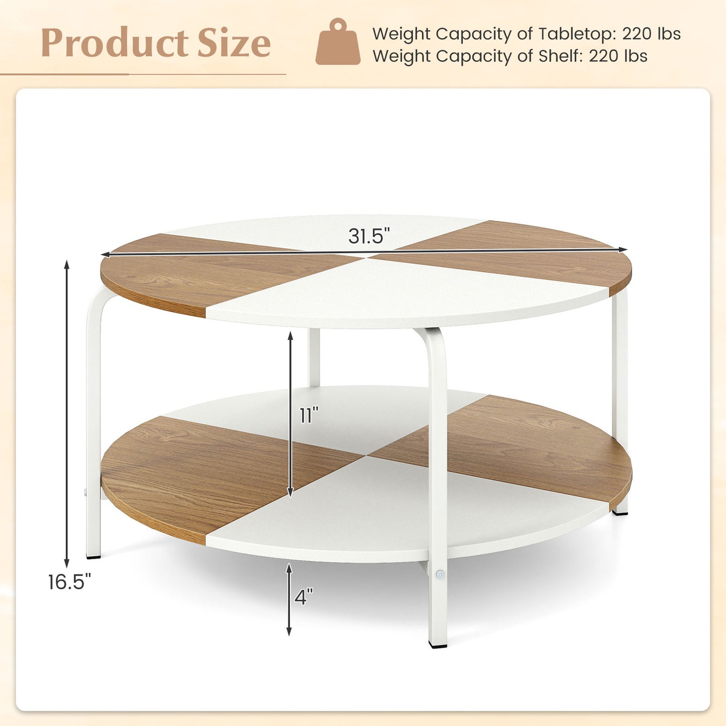 2-Tier Round Coffee Table Metal Frame with Storage Shelf-Natural & White