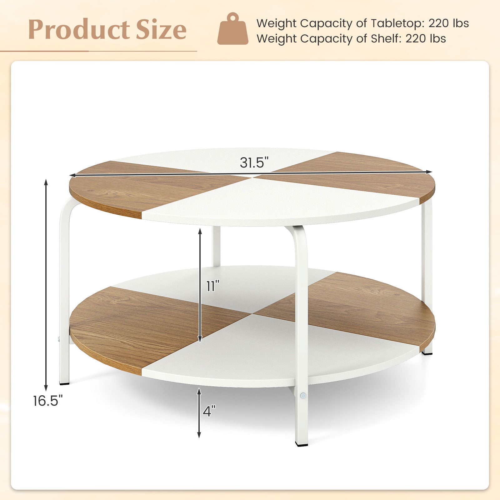 2-Tier Round Coffee Table Metal Frame with Storage Shelf-Natural & White