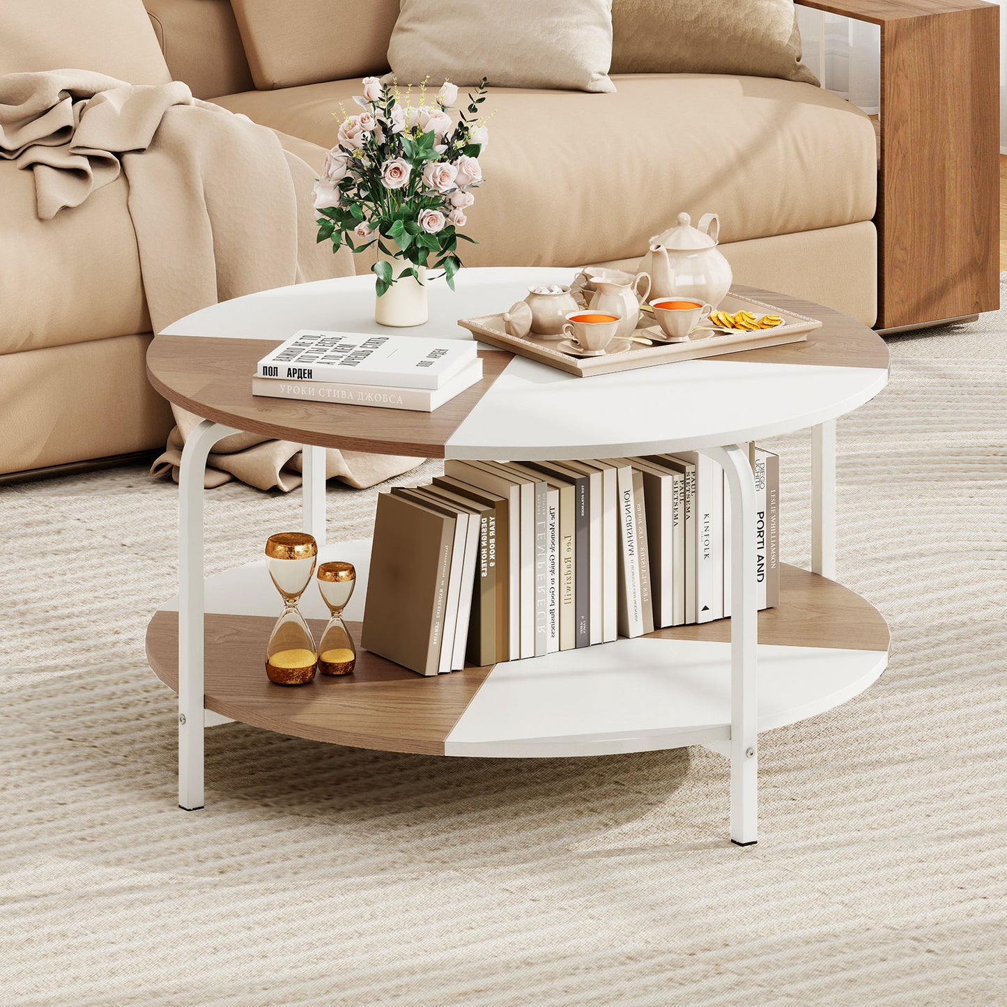 2-Tier Round Coffee Table Metal Frame with Storage Shelf-Natural & White