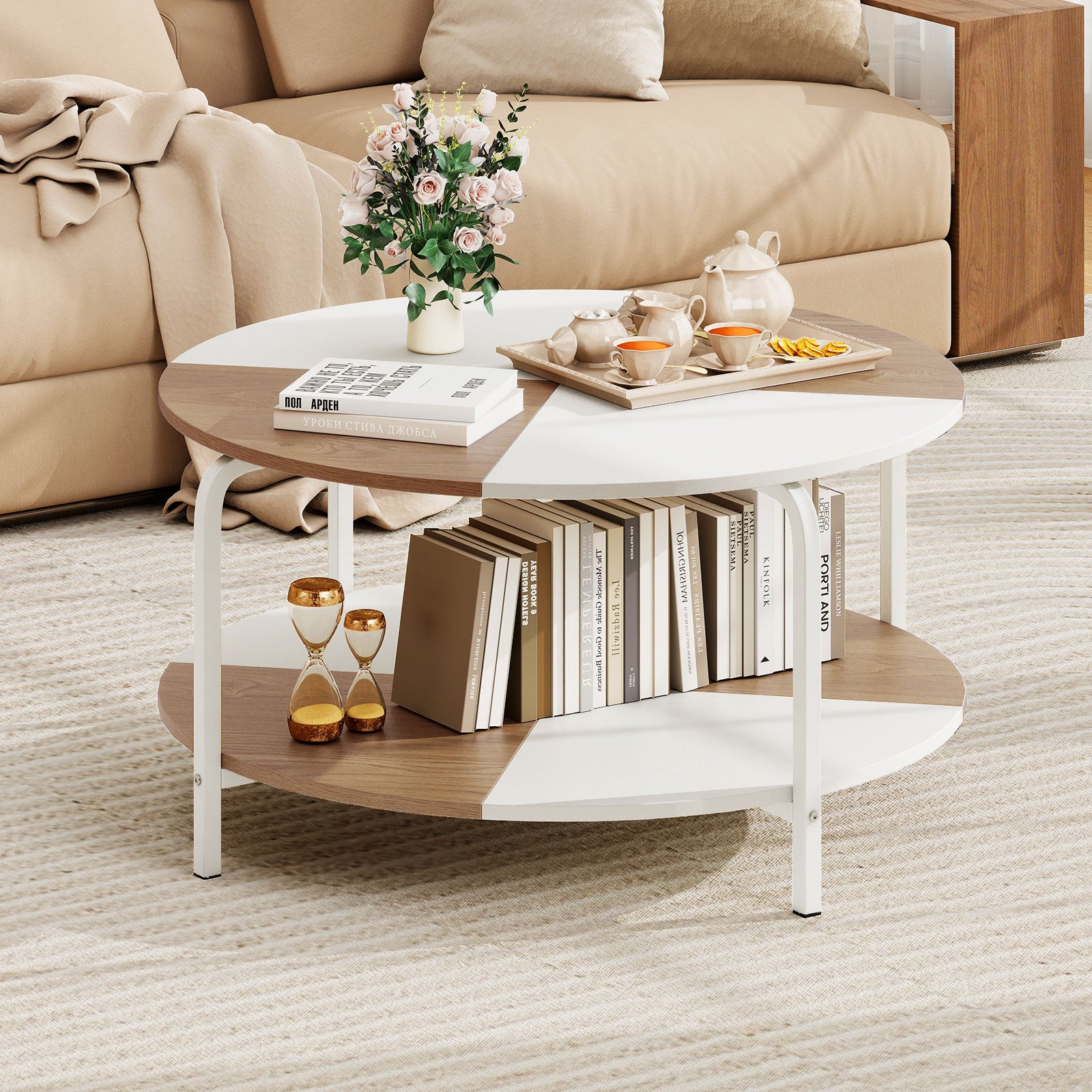 2-Tier Round Coffee Table Metal Frame with Storage Shelf-Natural & White