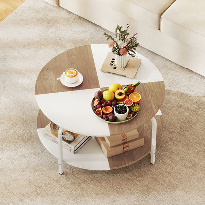 2-Tier Round Coffee Table Metal Frame with Storage Shelf-Natural & White