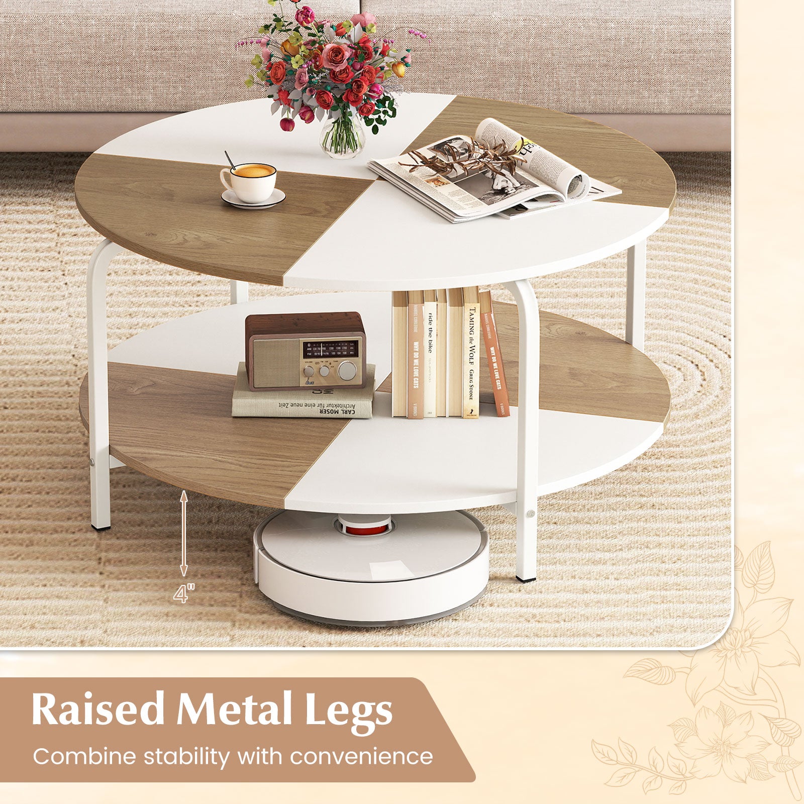 2-Tier Round Coffee Table Metal Frame with Storage Shelf-Natural & White